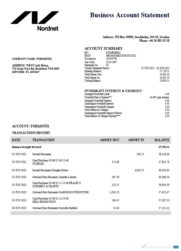 Download Swedish Nordnet AB firm account statement Word and PDF template Photoshop template